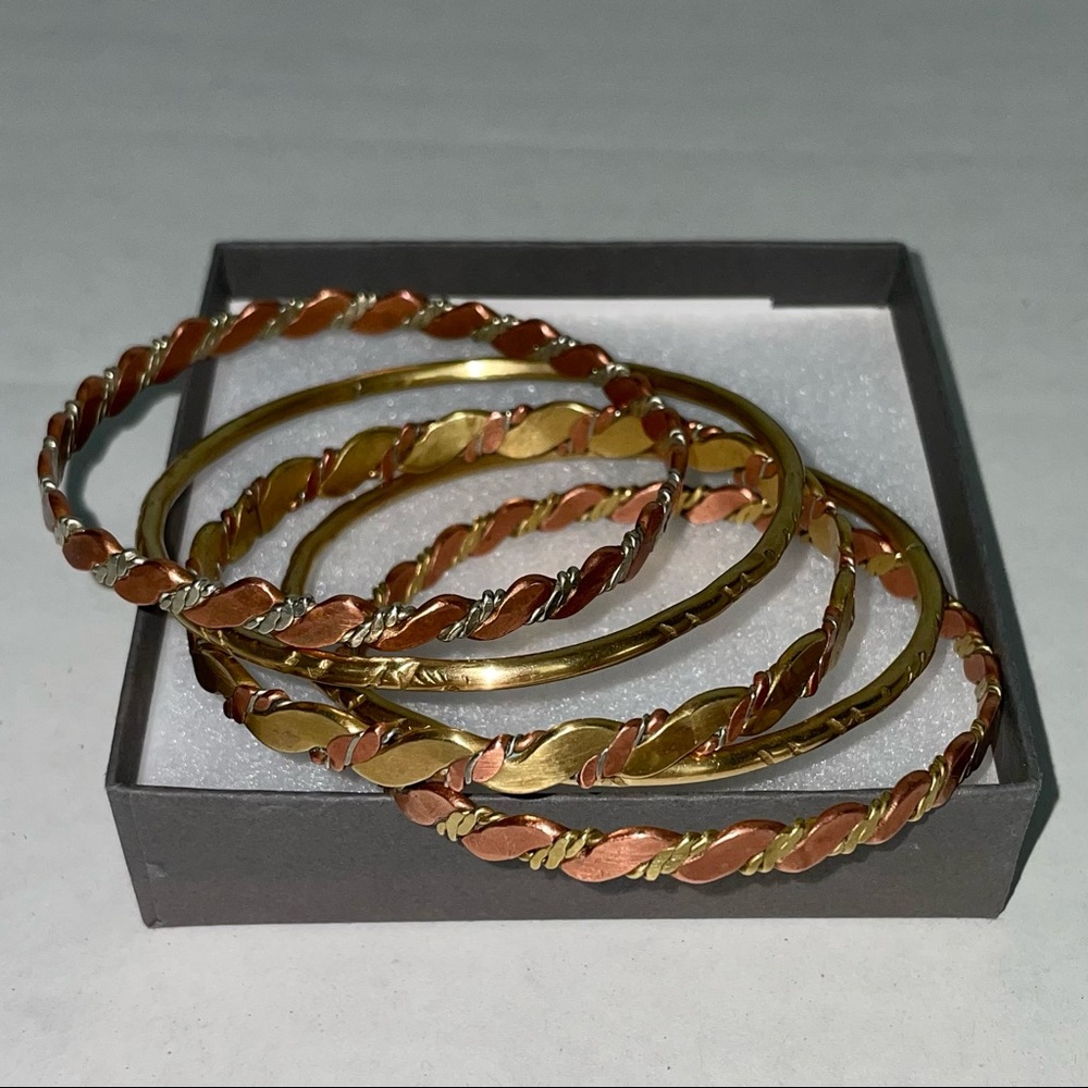 5 vtg copper, brass & silver twisted stacking bangle bracelets, gorgeous